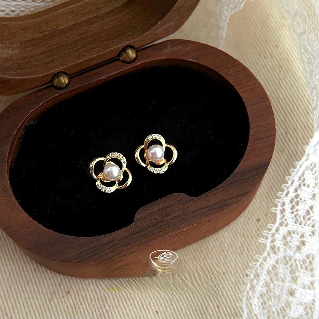 Silver Plated Copper Flower Stud Earrings With Zircon Pave And High Luster Pearl