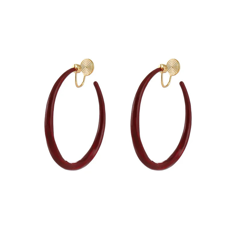 Vintage Red Enamel Twisted Large Hoop Spiral Stud & Clip On No Piercing Statement Earrings