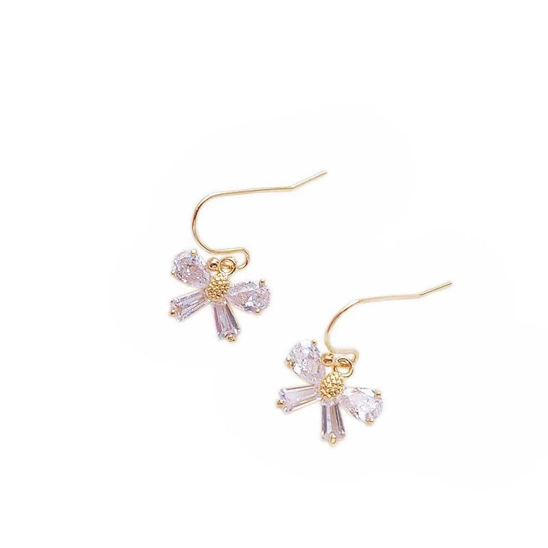 14K Gold Plated Zircon Bow Drop Earrings Mini Korean Style Creative Jewelry