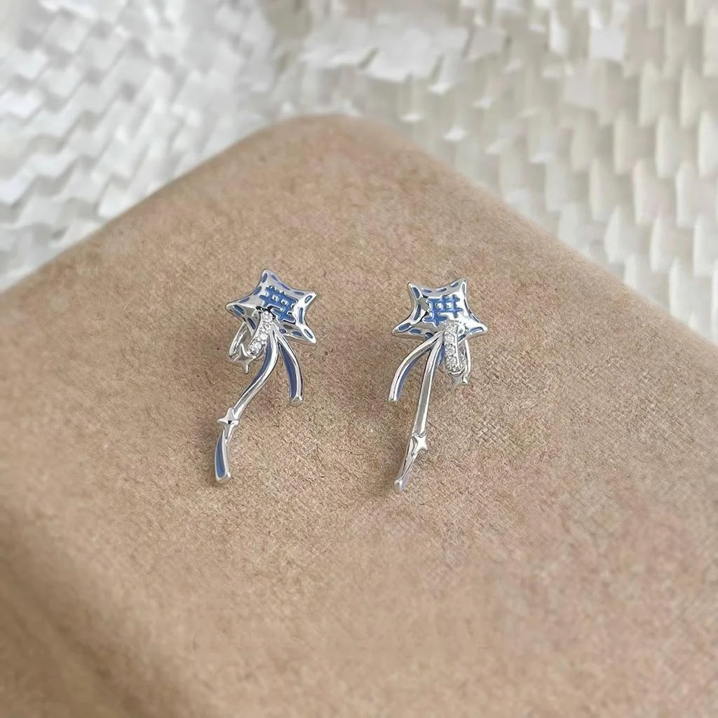 Sweet Cool Blue Star Drop Earrings Copper Zirconia Micro Pave Ear Jewelry