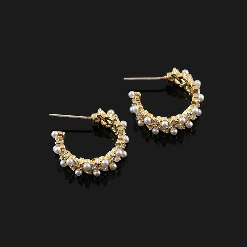 Luxury Gold Tone Spiral Hoop Pearl Zircon Alloy Stud & Clip On No Piercing Commuter Earrings