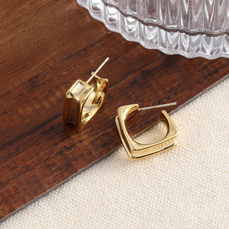 Elegant Gold Alloy Square Hoop Stud & Clip On No Piercing Minimalist Geometric Huggie Earrings