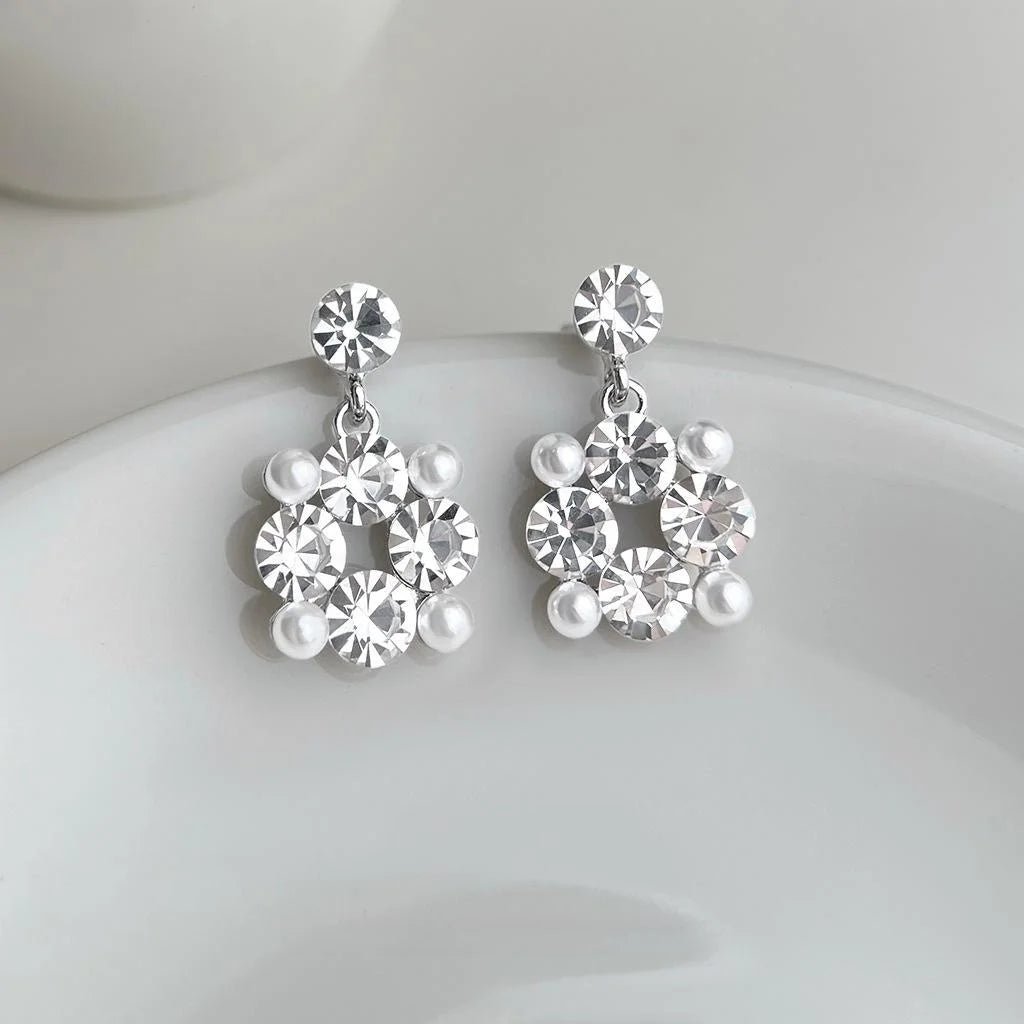 Sparkly Geometric Square Rhinestone Copper Drop Earrings, Premium Commuter Fashion Jewelry