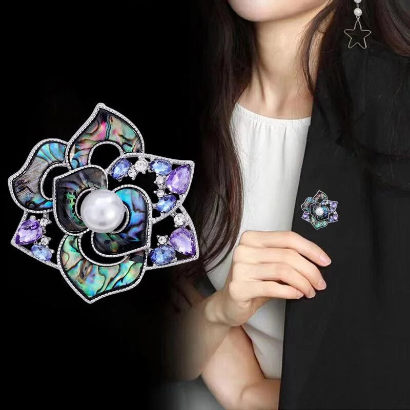 Elegant Camellia Flower Brooch With Mother Of Pearl Petals, Rhinestone Accents And Pearl Lapel Pin Gift