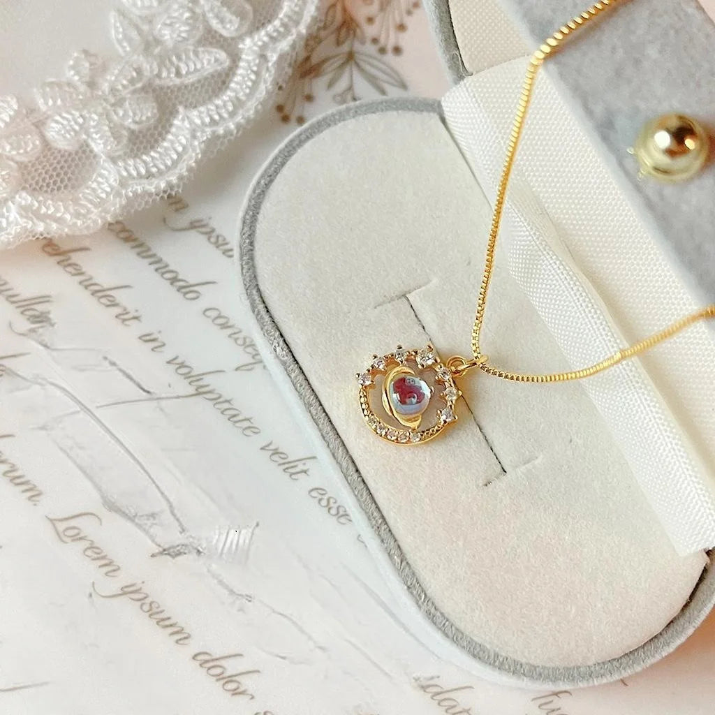 French Style 14K Gold Plated Copper Zircon Planet Pendant Necklace For Women