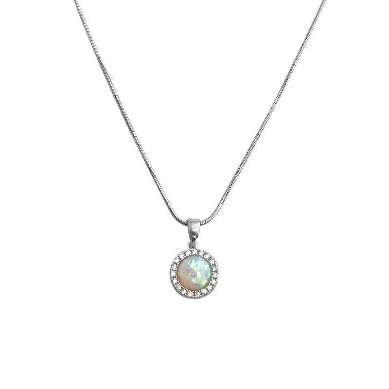 Platinum Plated Copper Synthetic Opal Necklace With Micro Pave Zircon Round Geometric Pendant