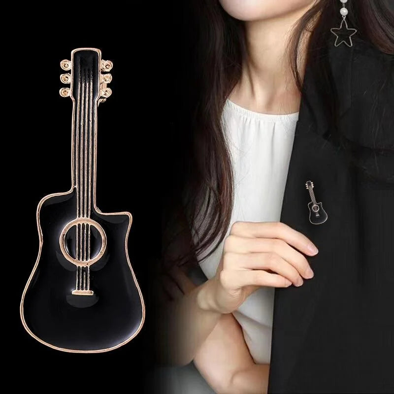 Elegant Black Enamel Guitar Brooch Alloy Musical Instrument Lapel Pin For Suit Accessory Gift