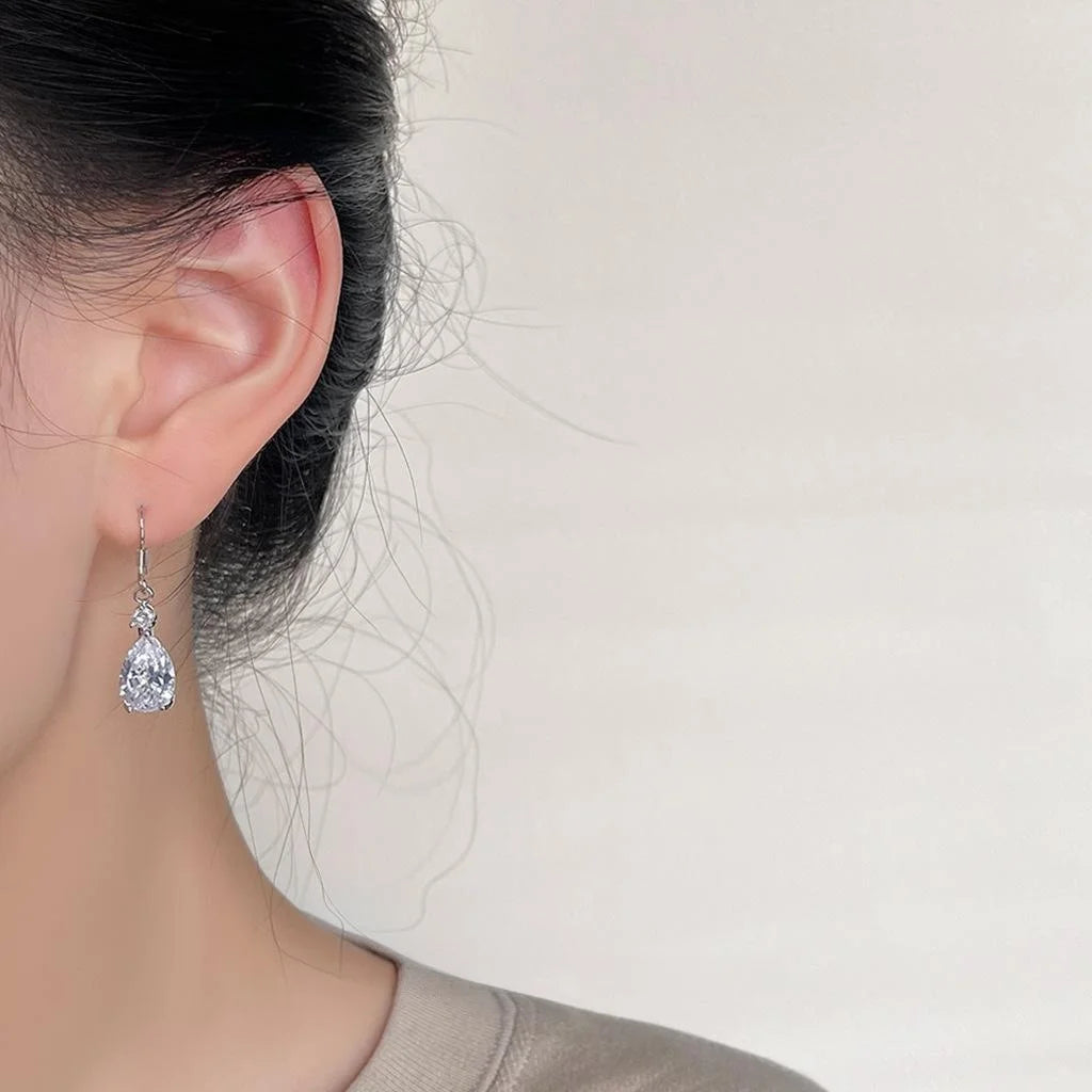 Light Luxury Teardrop Zircon Copper Drop Earrings Minimalist Long Evening Jewelry
