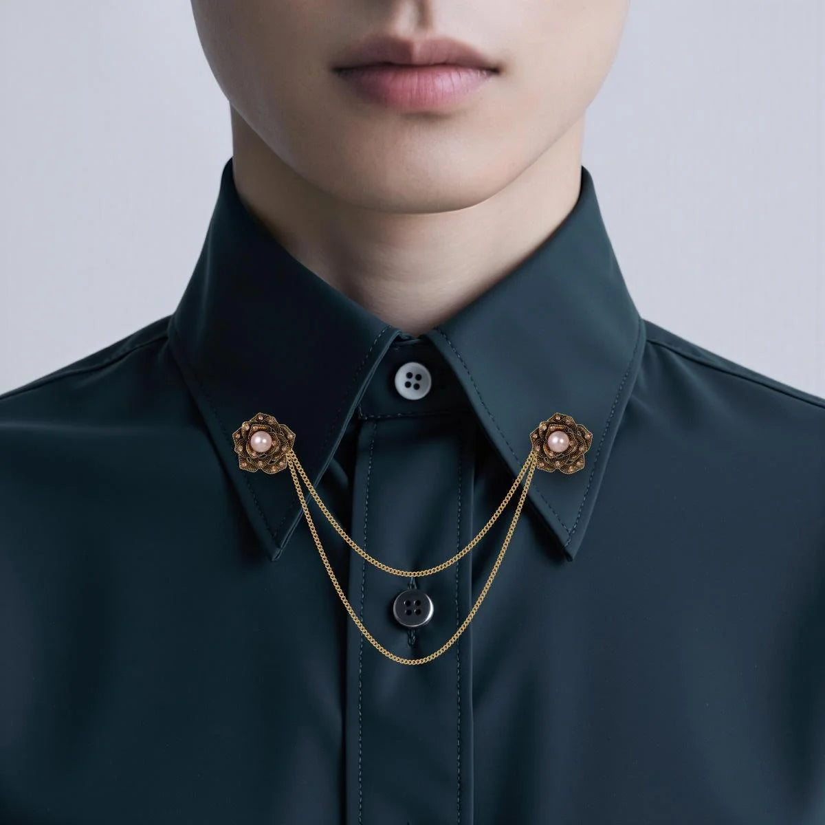 Elegant Korean Camellia Pearl Brooch With Gold Chain And Rhinestone Zircon, Women's Lapel Pin Suit Accessory