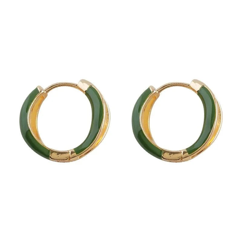 French Vintage Green Enamel Copper Hollow Round Hoop Stud Earrings Minimalist Geometric Jewelry