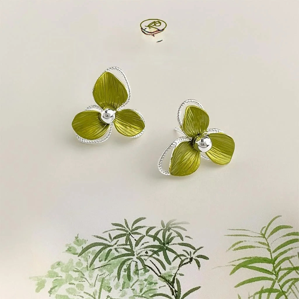 Fresh Green Flower Stud Earrings Silver Plated Copper Leaf Floral Elegant Jewelry