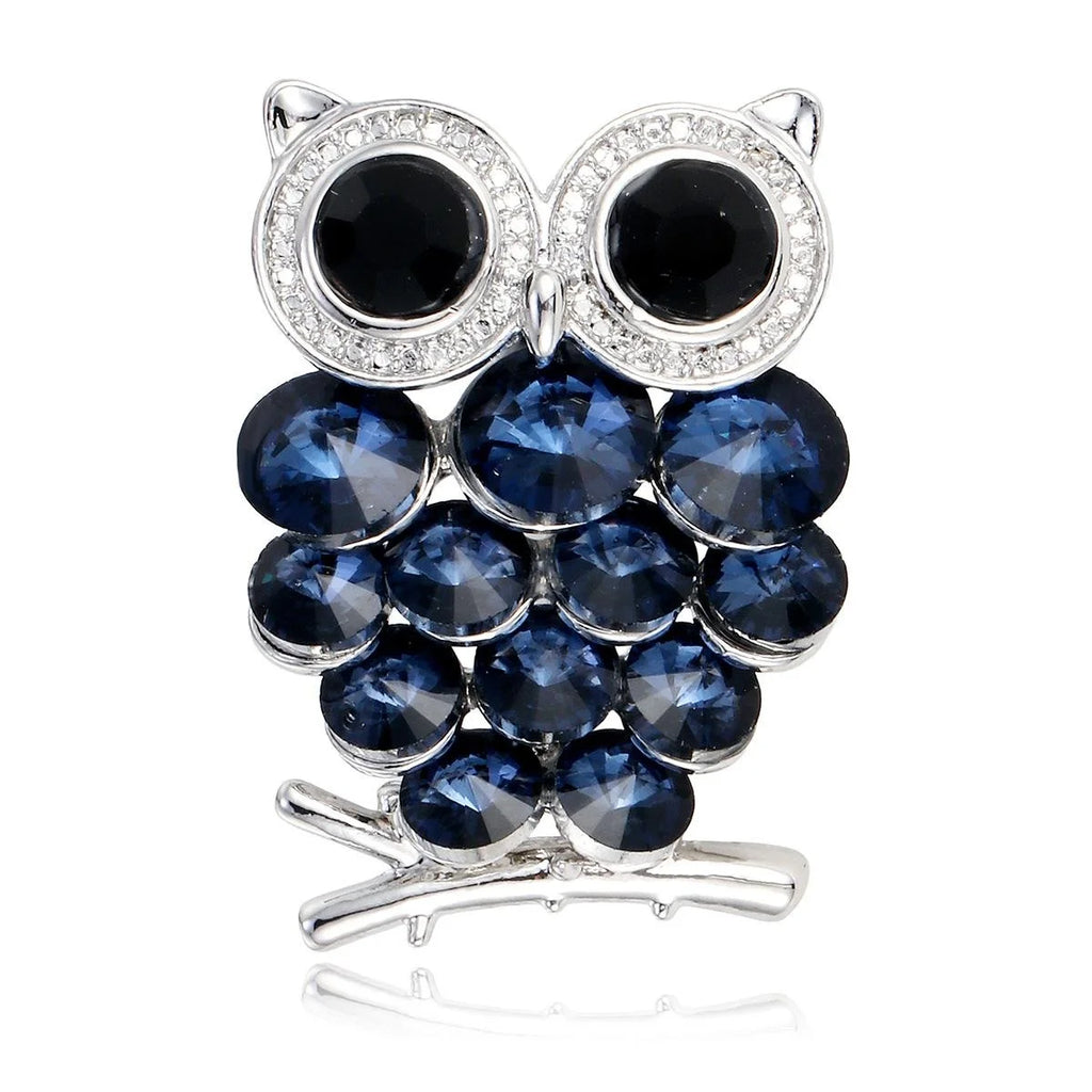 Cute Luxury Owl Rhinestone Brooch With Blue Crystal Body, Vintage Alloy Lapel Pin Suit Accessory Gift