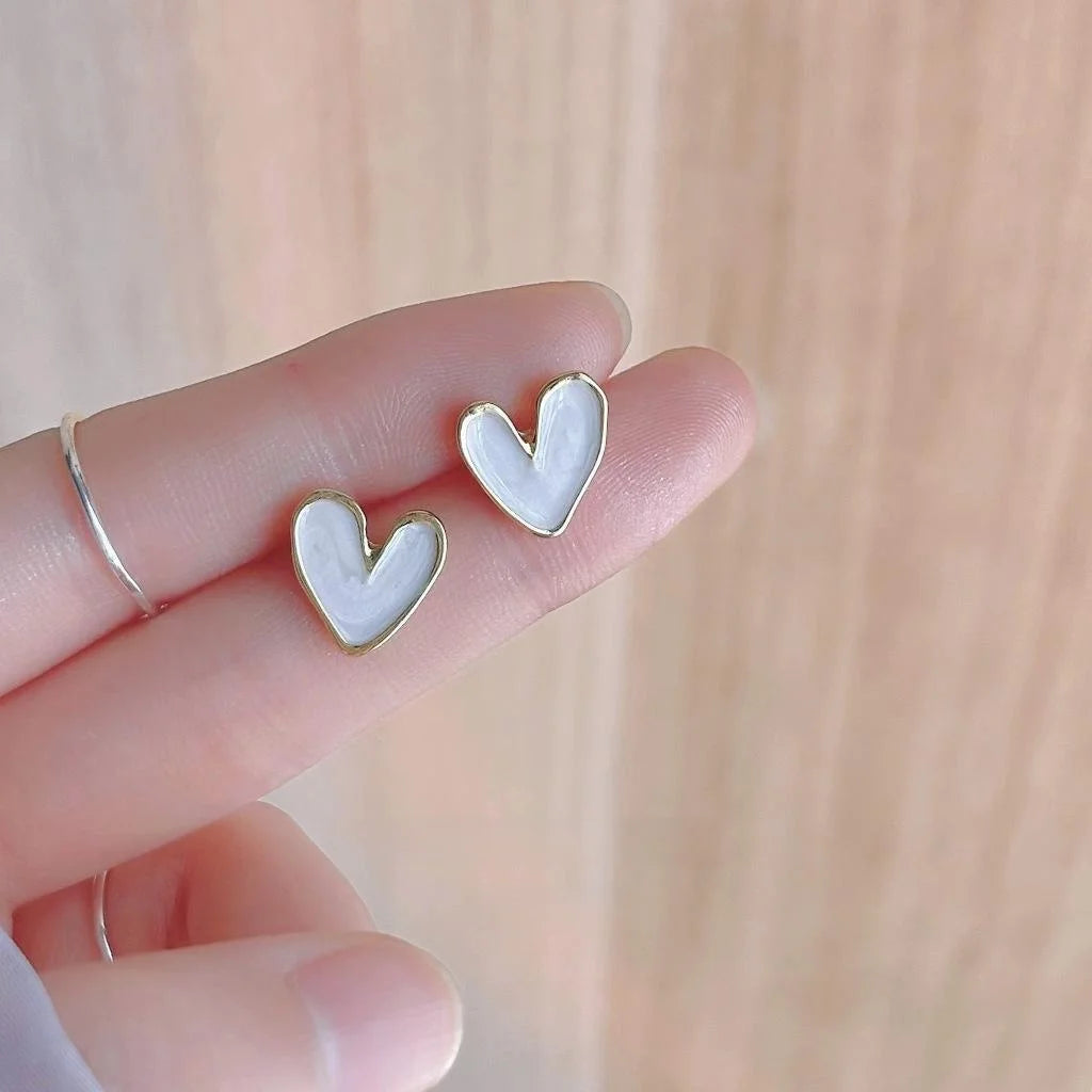 14K Plated Copper White Enamel Heart Stud Earrings Minimalist Summer Jewelry