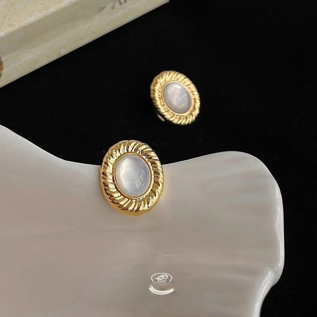 French Vintage Real Shell Oval Geometric Twist Edge 14K Plated Stud Earrings For Women
