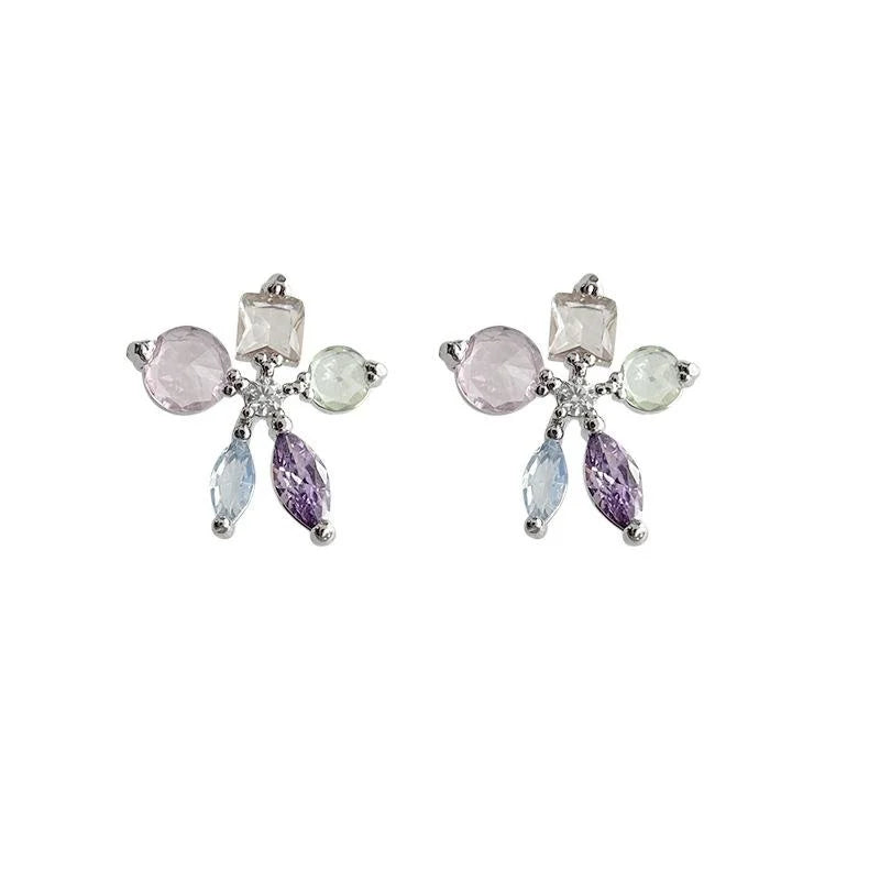 Colorful Micro Pave Zircon Flower Stud Earrings Copper Sweet Summer Jewelry