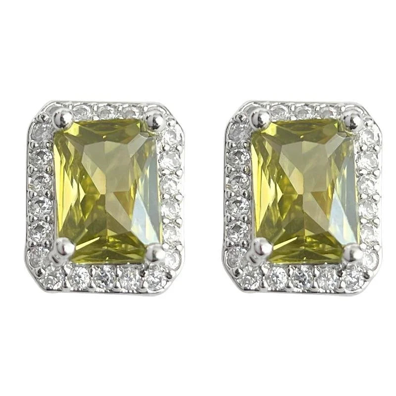 Olive Green Square Geometric Micro Pave Zircon Copper Stud Earrings For Women, Premium Minimalist Style