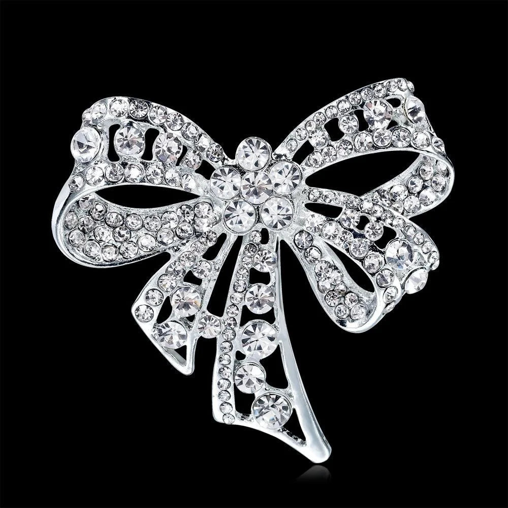 Elegant Rhinestone Bow Brooch Silver Alloy Crystal Lapel Pin Corsage For Women's Suit Accessory Gift