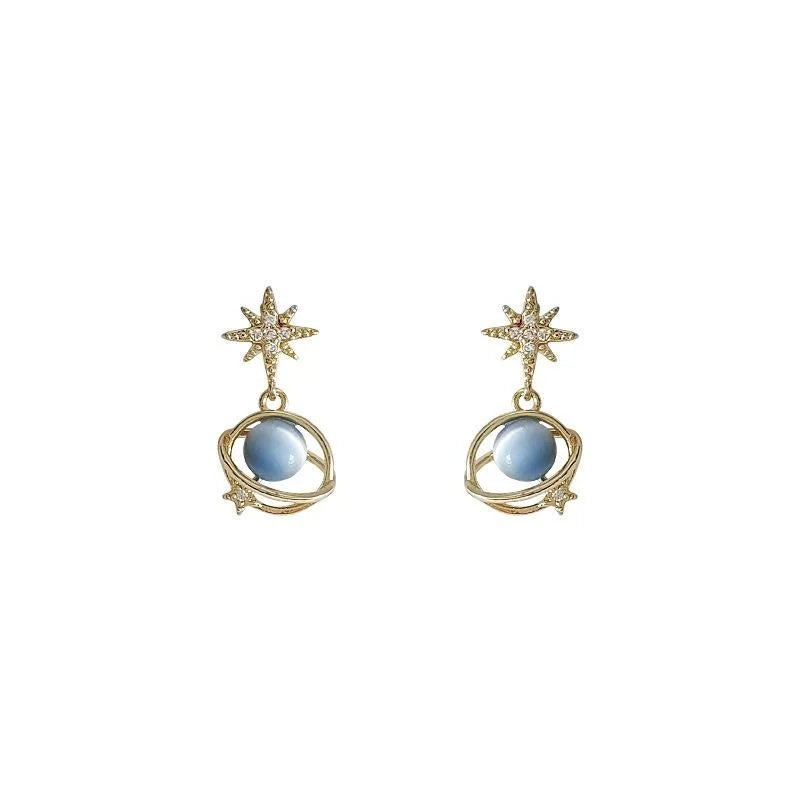 14K Plated Copper Galaxy Star Stud Earrings With Blue Cat Eye Glass And Micro Pave Zircon Style