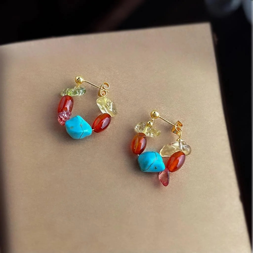 Handmade Chinese Style Irregular Geometric Red Agate Citrine Turquoise Copper Drop Earrings
