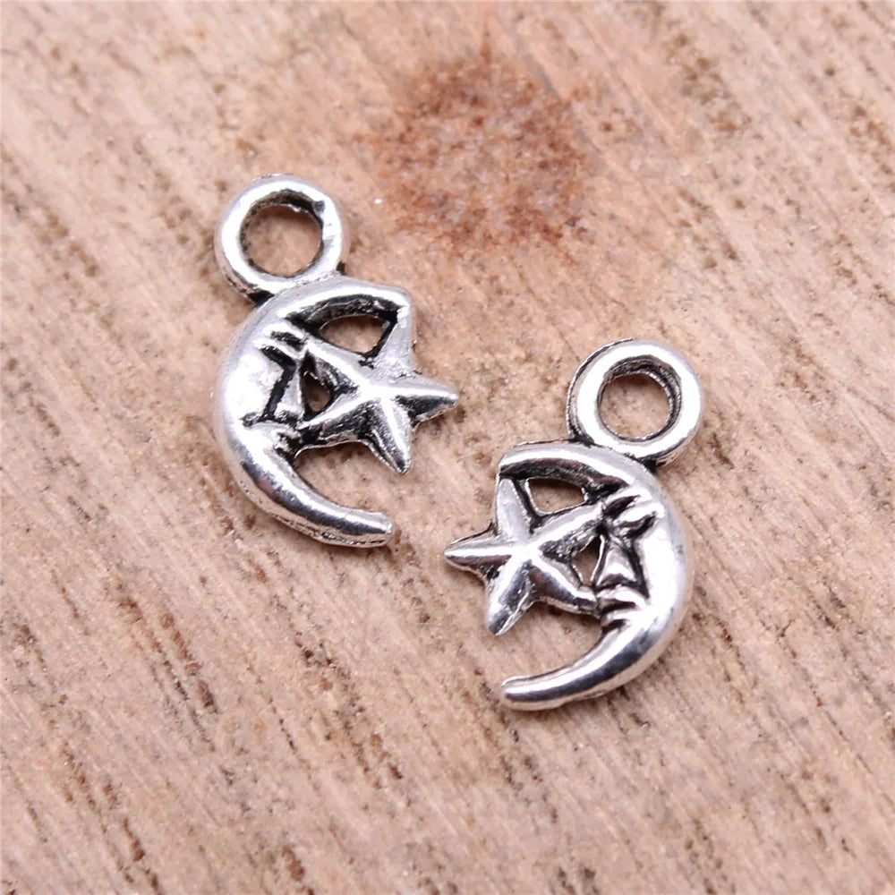 12x7mm 0.3g Antique Silver Zinc Alloy Star Moon Charm Pendant for DIY Necklace Bracelet Making