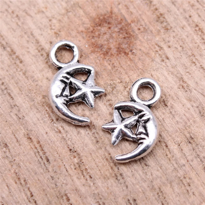 12x7mm 0.3g Antique Silver Zinc Alloy Star Moon Charm Pendant for DIY Necklace Bracelet Making