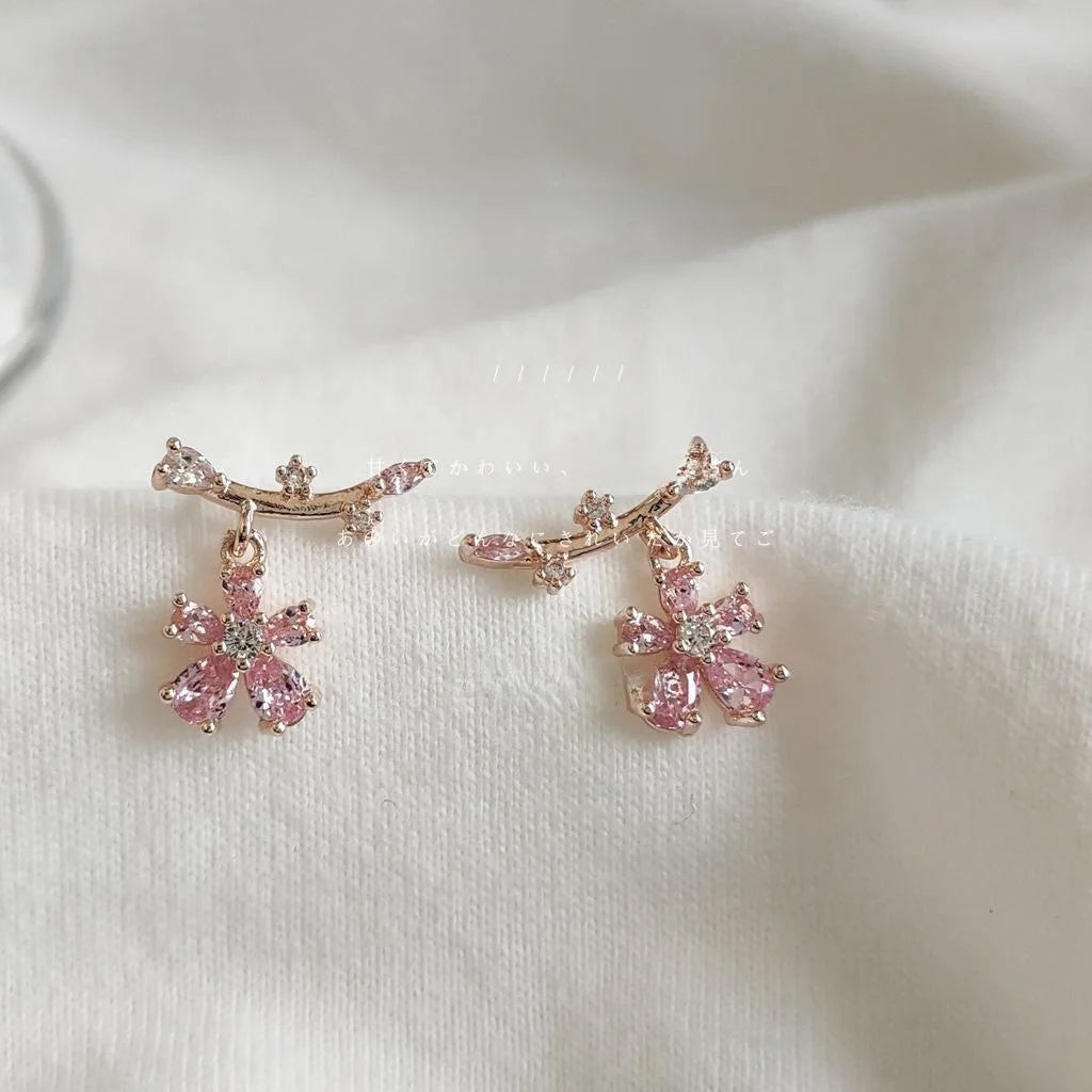 14K Plated Copper Flower Stud Earrings With Micro Pave Zircon Sweet Korean Style