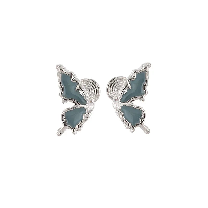 Elegant Blue Enamel Zircon Butterfly Wing Stud & Clip On No Piercing Women's Fashion Party Earrings