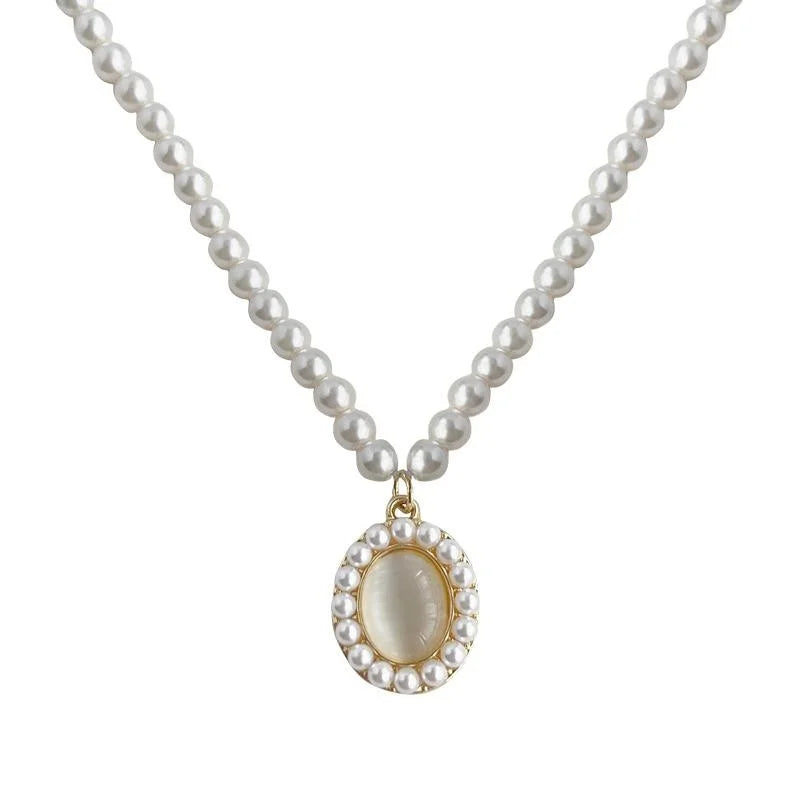 French Vintage Copper Glass Cat Eye Stone Pearl Round Geometric Collarbone Necklace