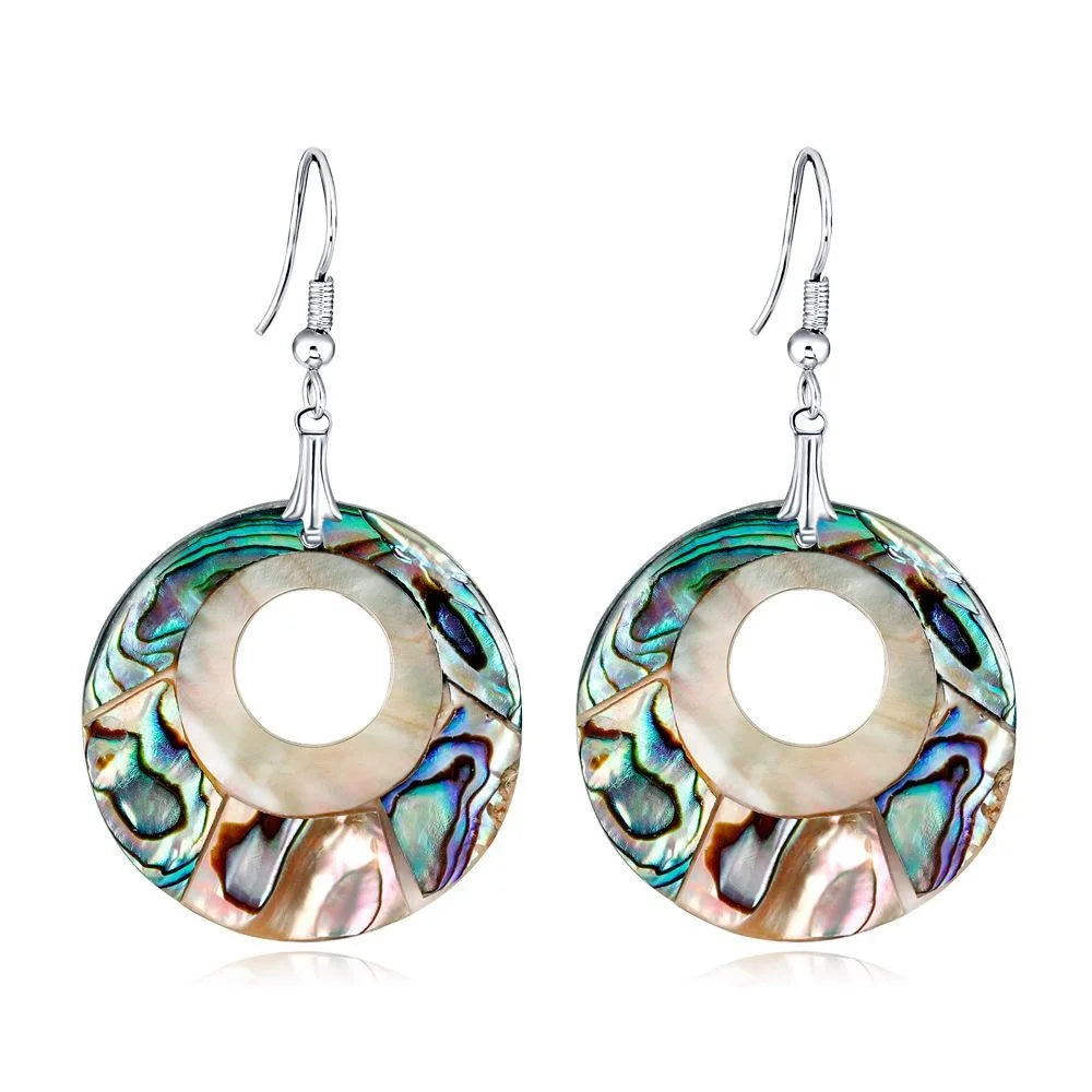 Elegant Natural Shell Round Drop Earrings For Women, Iridescent Alloy Hook Dangle Jewelry For Party Gift