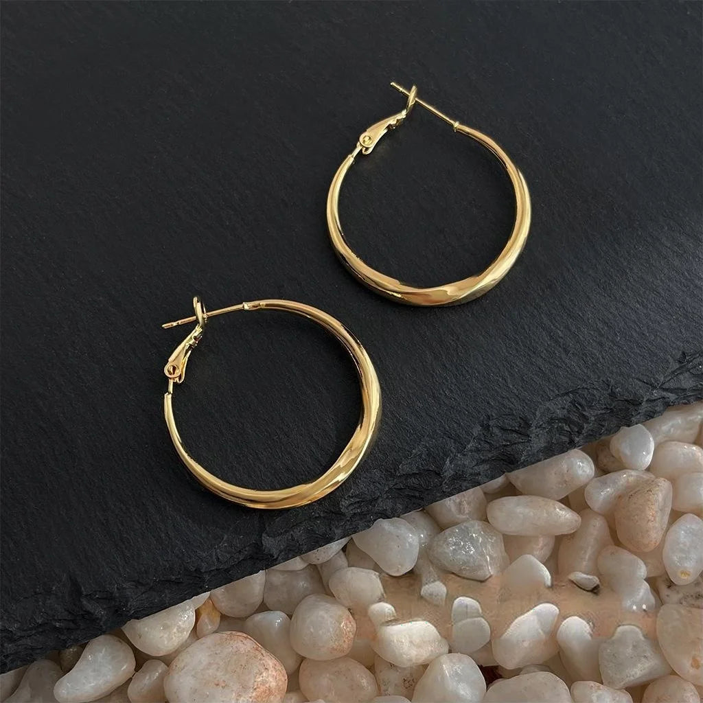 14K Gold Plated Copper Geometric Round Hoop Earrings, Elegant Fashion Face Slimming Ear Jewelry