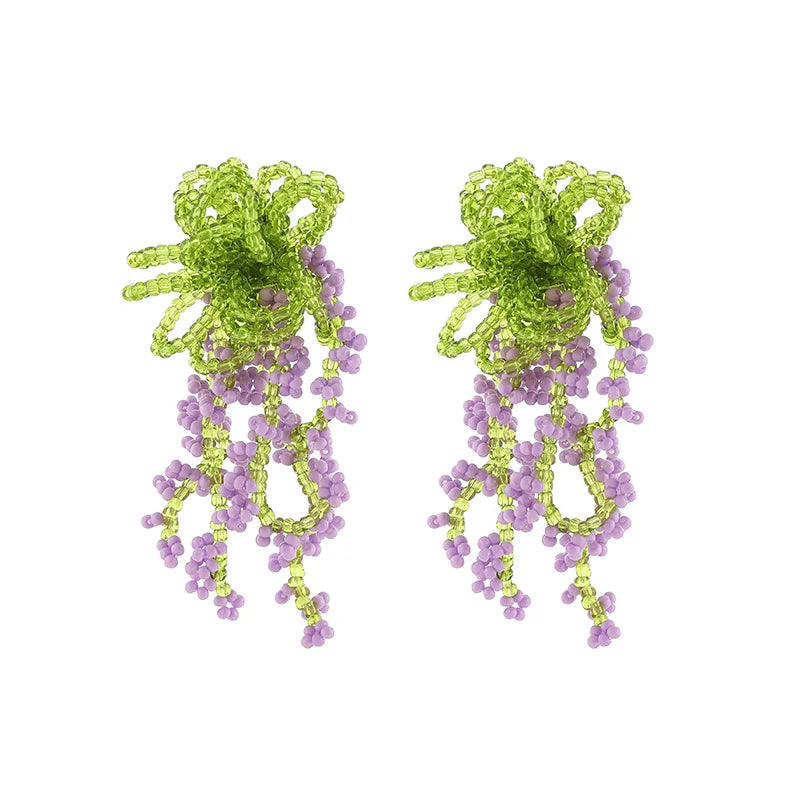 Elegant Beaded Wisteria Flower Tassel Crystal Leaf Stud & Clip On No Piercing Long Drop Earrings