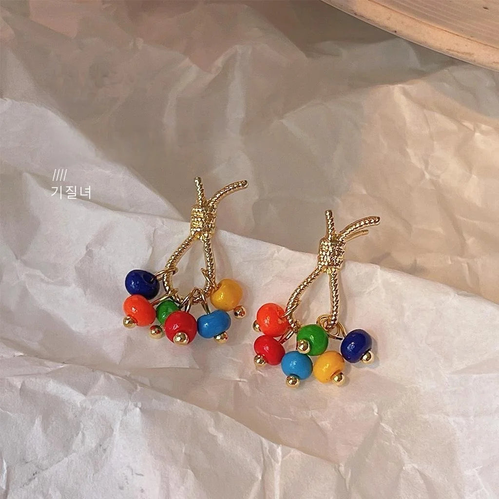 Ethnic Style Copper Stud Earrings With Colorful Glass Beads Rope Knot Geometric Vacation Design
