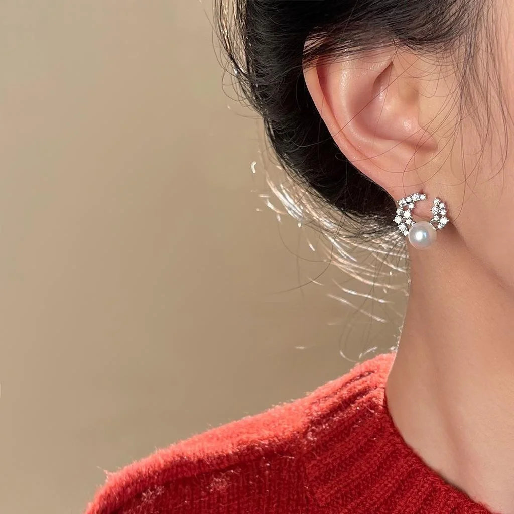 Geometric Moon Star Zircon Pearl Drop Earrings Silver Plated Needle Style Designer Jewelry