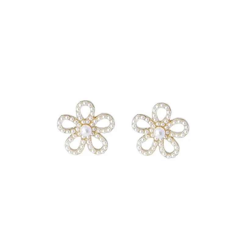 14K Gold Plated Alloy Small Flower Pearl Stud Earrings For Women