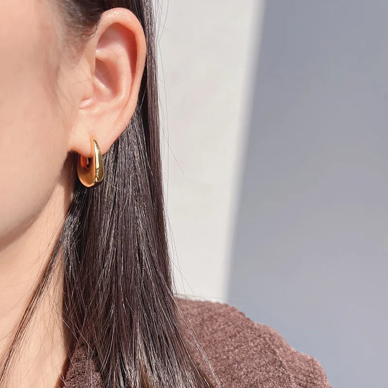 Elegant Gold Alloy Geometric Teardrop Hoop Stud & Clip On No Piercing Minimalist Ear Cuff Earrings