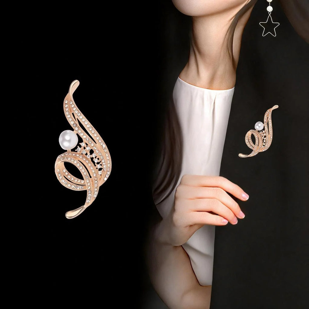 Luxury Rose Gold Swirl Brooch With Rhinestone And Pearl, Elegant Lapel Pin Corsage Suit Accessory