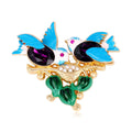 Elegant Enamel Love Birds Nest Brooch With Rhinestone Eyes, Gold Tone Alloy Lapel Pin Suit Accessory