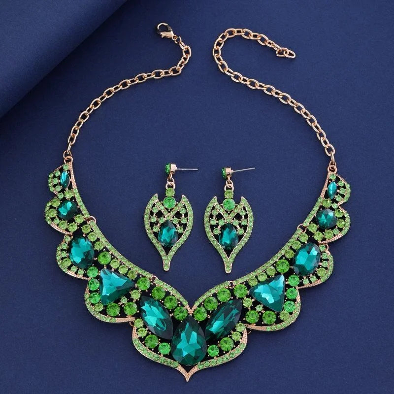 Vintage Green Crystal Rhinestone Statement Necklace And Earrings Jewelry Set For Bridal Wedding Party Banquet Gift