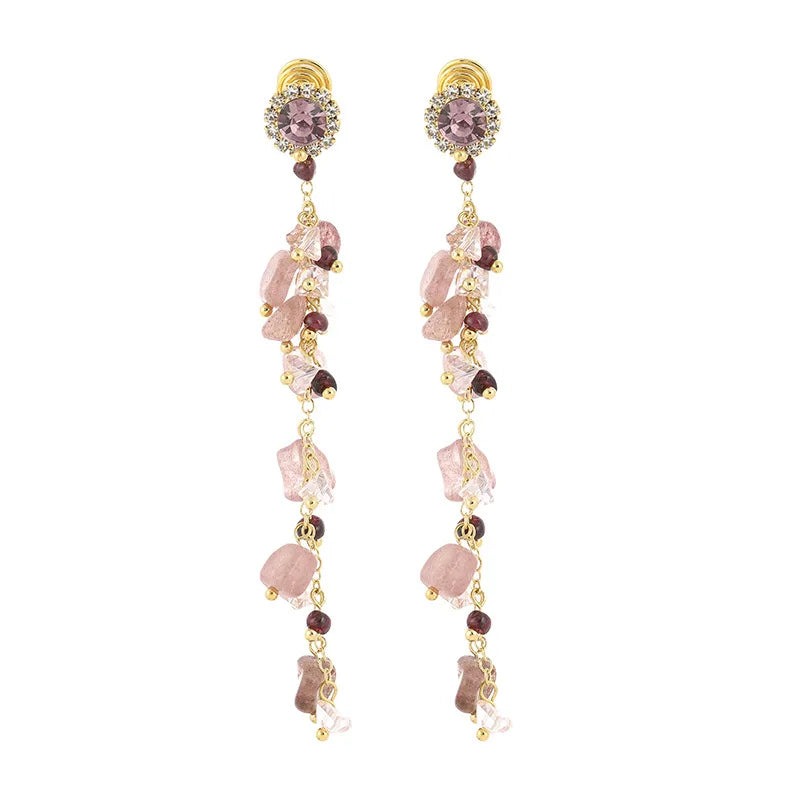 Luxury Pink Natural Stone Rhinestone Long Chain Tassel Stud & Clip On No Piercing Earrings