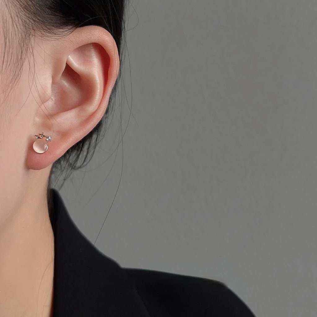Rose Gold Plated Copper Glass Cat Eye Star Zircon Mini Stud Earrings Cute Pink Versatile Jewelry