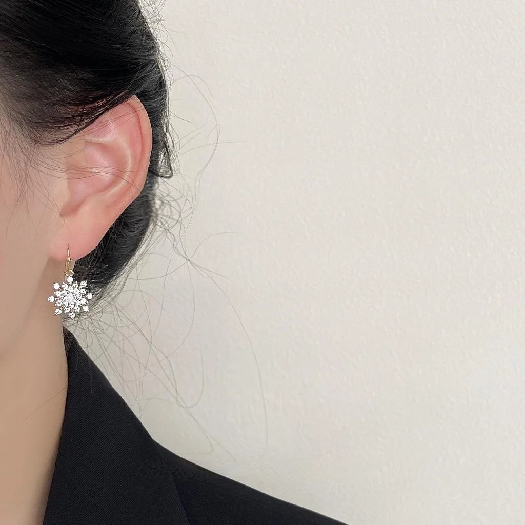 14K Gold Plated Copper Snowflake Micro Pave Zircon Drop Earrings Elegant Luxury Style