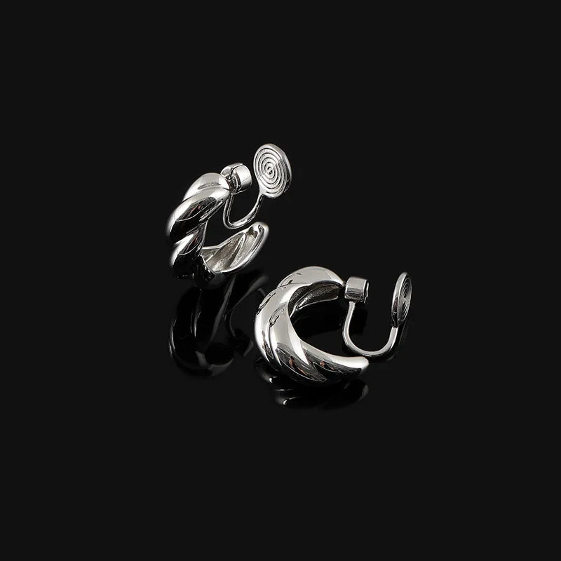 Elegant Alloy Twisted C Shape Hoop Stud & Clip On No Piercing Spiral Disc Commuter Earrings