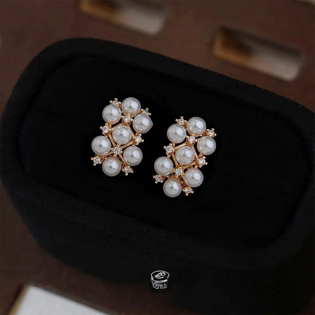 Light Luxury 14K Gold Plated Copper Pearl Stud Earrings And Micro Pave Zircon