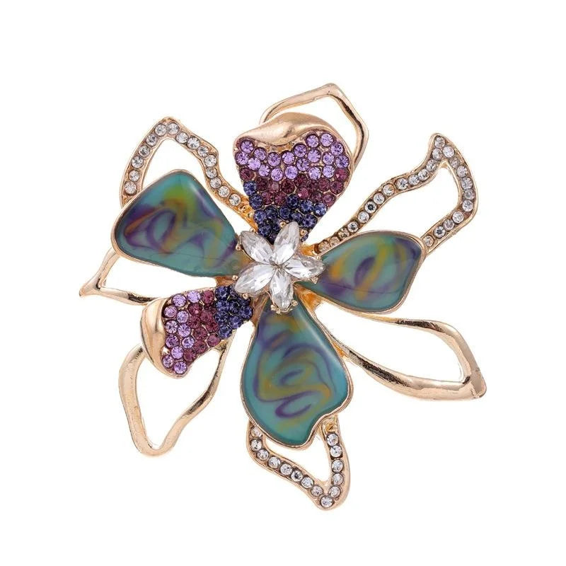 Elegant Floral Rhinestone Enamel Alloy Brooch, Luxury Flower Lapel Pin Corsage For Coat Sweater Gift