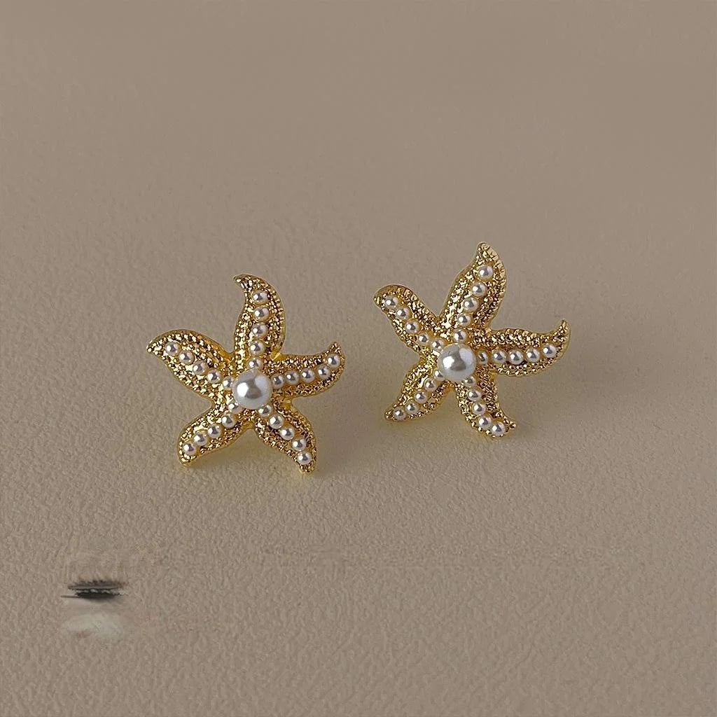 14K Gold Plated Copper Starfish Pearl Stud Earrings With Silver Plated Posts Elegant Style