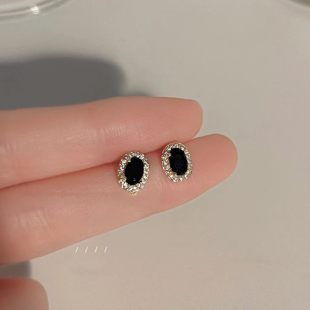 Vintage Black Oval Micro Pave Zircon Copper Stud Earrings With 14K Plated Pins