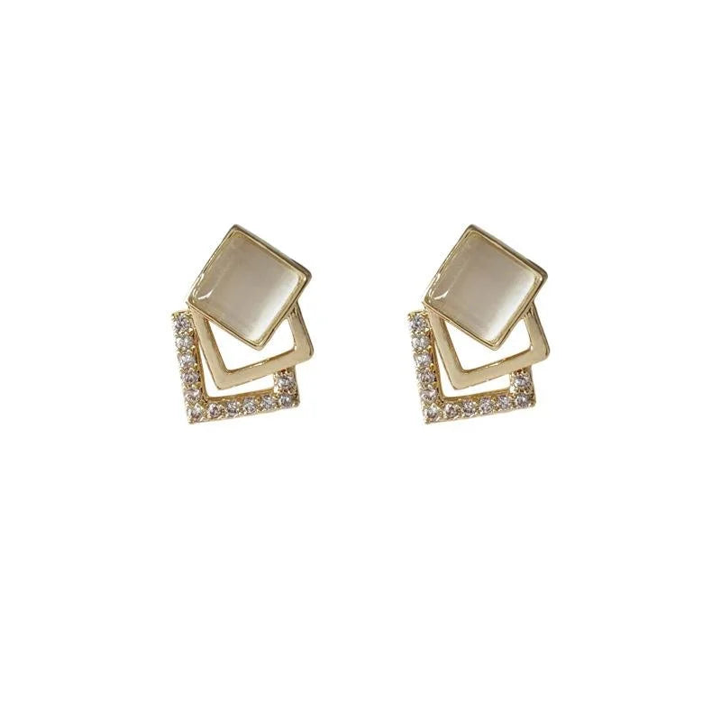 14K Gold Plated Copper Geometric Square Glass Cat Eye Zircon Stud Earrings For Women
