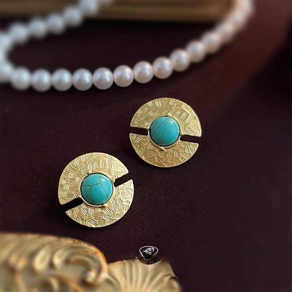 Vintage Copper Synthetic Turquoise Geometric Round Stud Earrings French Court Style