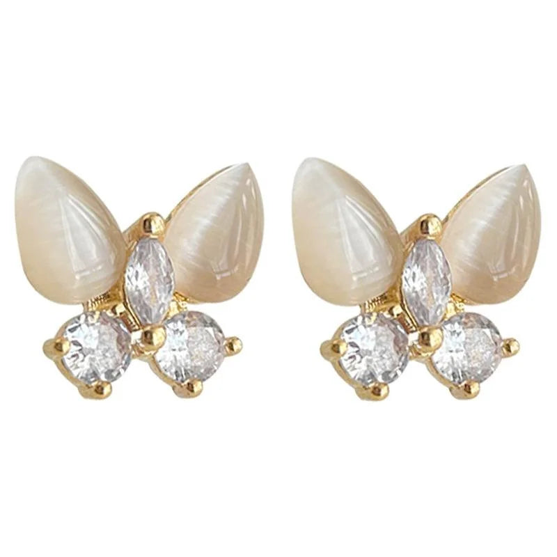14K Plated Copper Butterfly Stud Earrings With Glass Cat Eye Stone And Micro Pave Zircon Minimalist Sweet
