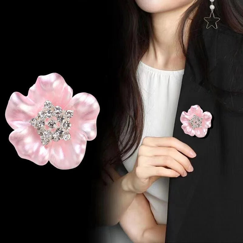Elegant Blue Enamel Flower Brooch With Rhinestone Center, French Style Floral Lapel Pin Corsage Gift